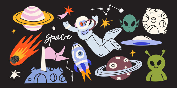 Collection of cartoon space stickers. Galactic elements, astronaut, UFO, alien, rocket ship, planets, comets and stars. Space vector illustrations in trendy doodle groovy style