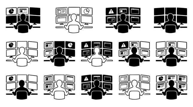 Various computer users working on multiple monitors in office settings
