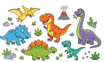 Colorful cartoon dinosaurs and prehistoric creatures © MdRimon