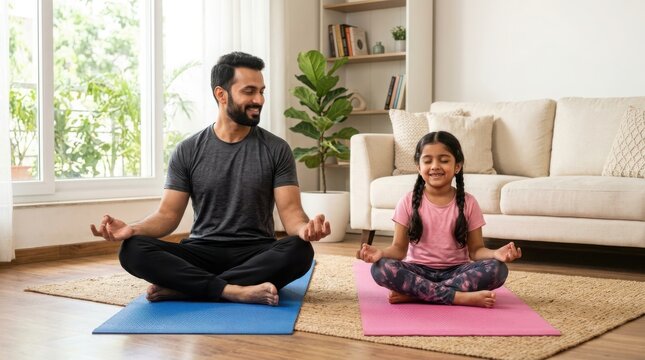 Indian father and daughter practicing yoga meditation in lotus pose on colorful mats in sunny living room.