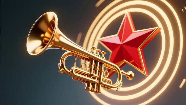 Army Day shining red star and golden bugle background