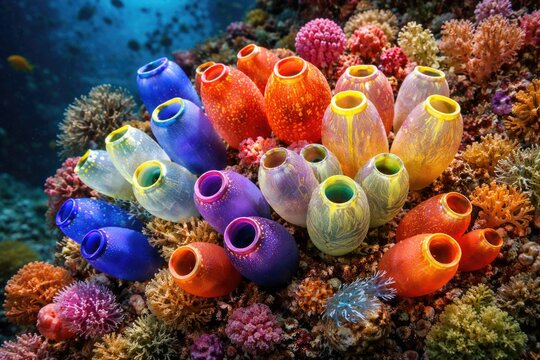 Various tunicates on coral reef exhibiting vivid natural colors