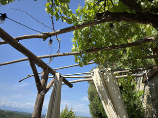 Fototapeta premium Rustic Wooden Pergola with Grapevines and String Lights in Piedmont Italy