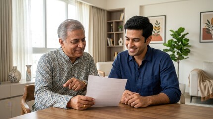 Fototapeta premium Father and son reviewing document together.