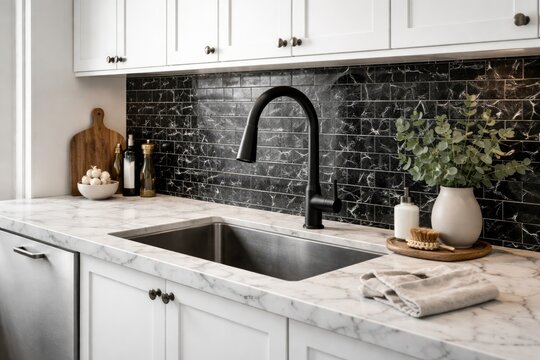 Kitchen sink scene with a stylish black faucet, white cabinetry, and a backsplash of small black marble subway tiles