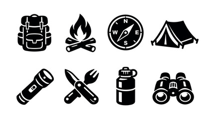Fototapeta premium Collection of camping and outdoor adventure icons on a white background