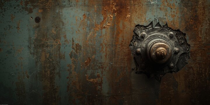 Aged metallic wall background featuring an exposed fire hydrant