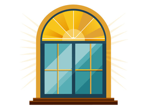 Arched window with sunburst transom above blue glass panes