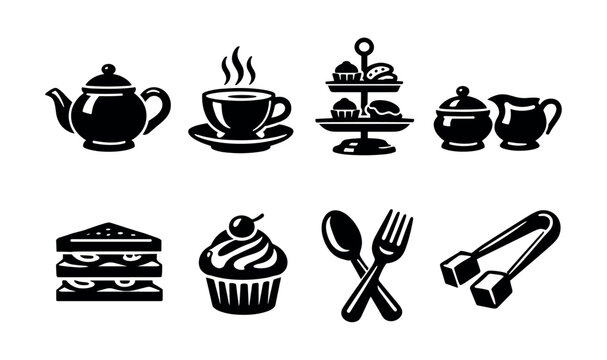 Collection of black icons representing tea time and afternoon snacks