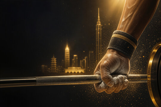IWF World Championships Ningbo China weightlifting chrome barbell grip with magnesium chalk dust golden ember holographic skyline premium corporate strength Oct