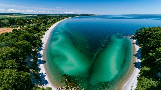Luftaufnahme einer t&uuml;rkisblauen Lagune umgeben von wei&szlig;em Sandstrand und tropischem Gr&uuml;n.