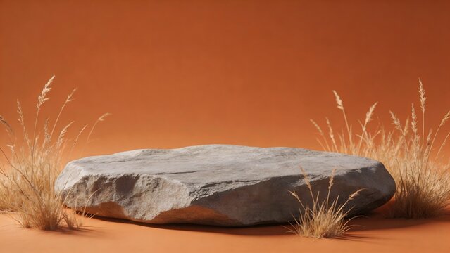 Large rock with grass on orange background