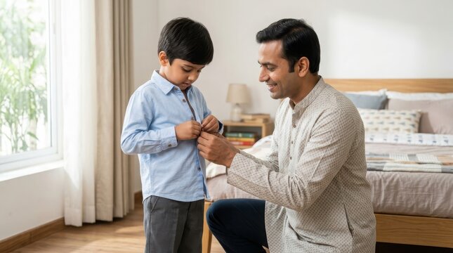 Father helping young son with shirt buttons before school morning in bedroom at home with soft natural lighting.