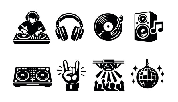 Collection of DJ and party icons including turntables, headphones, speaker, and disco ball
