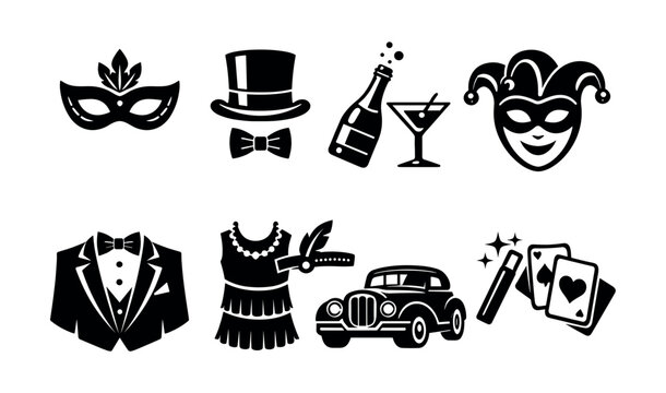 Collection of vintage party and celebration icons in black and white