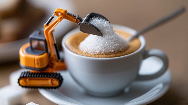 Ein gelber Spielzeugbagger schaufelt Zucker in eine Kaffeetasse auf einem wei&szlig;en Teller, umgeben von Zuckerw&uuml;rfeln.