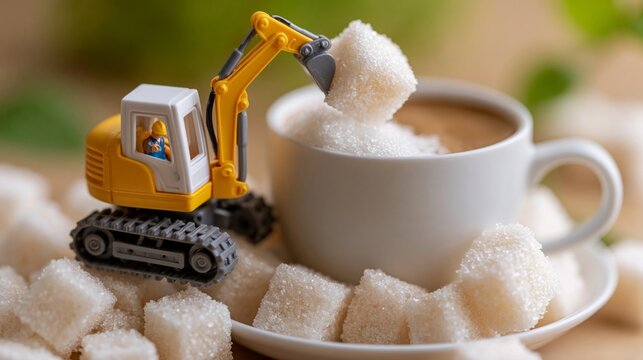 Ein gelber Spielzeugbagger schaufelt einen Zuckerw&uuml;rfel in eine Kaffeetasse auf einem wei&szlig;en Teller, umgeben von Zuckerw&uuml;rfeln.