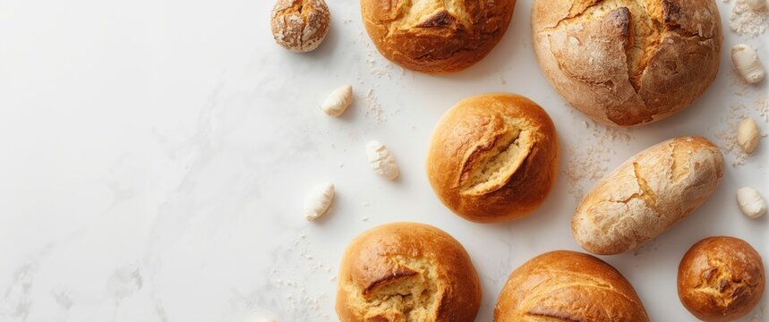 Artisan sweet bread display on white backdrop with copy space for design