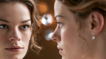 Fototapeta premium Nahaufnahme zweier Frauen, eine mit blauen Augen im Fokus, die andere leicht unscharf im Vordergrund, in einer ruhigen, stimmungsvollen Szene.