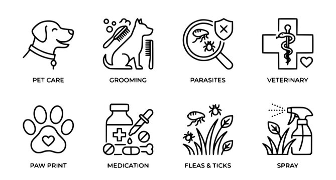 Pet care outline icon vector set flea parasite spray and veterinary symbols isolated on white background
