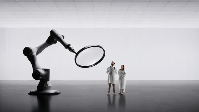 Scientists observing robotic arm with magnifying glass in clean research space. Concept of AI inspection, quality control, medical research tools and curious automation testing.
