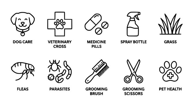 Minimal pet care outline icons vector collection veterinary and parasite symbols isolated on white