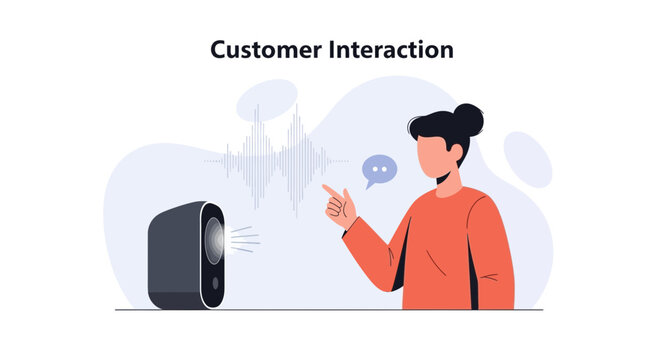 Person Interacting With Smart Speaker Via Voice Command Concept
