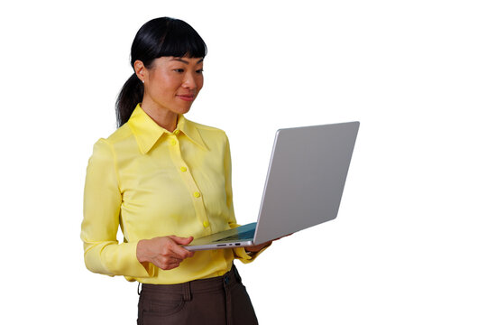 Asian businesswoman working with laptop, staying connected, making decisions, using digital technology, transparent background