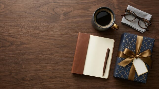Top view of leather notebook and black coffee mug with gift box on wooden desk for business planning and creative.