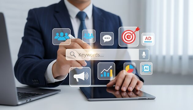 Businessman using digital search bar and marketing icons for SEO keyword research and online strategy