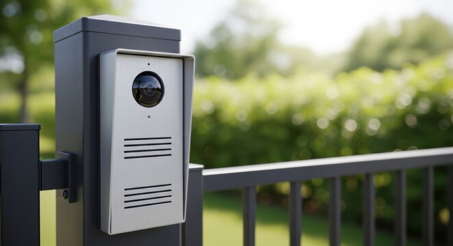 Modern smart video intercom and access control panel mounted on a metal gate outdoors, home security system concept