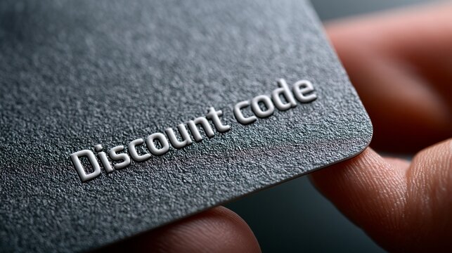 Eine Hand h&auml;lt eine dunkle Metallkarte mit dem eingepr&auml;gten Schriftzug &bdquo;Discount code" vor einem schwarzen Hintergrund.