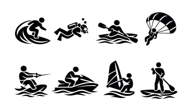 Collection of water sports and extreme activities icons on a white background