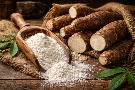 Rustic arrangement of cassava roots next to wooden scoop filled with tapioca starch powder