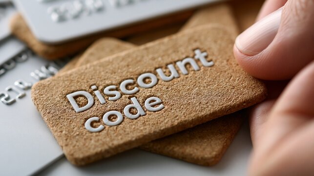 Eine Hand h&auml;lt einen braunen strukturierten Karton mit dem eingepr&auml;gten Schriftzug &bdquo;Discount code" vor mehreren Kreditkarten.