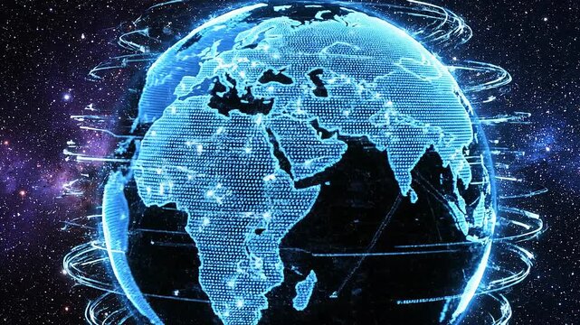 Digital network connections over earth surface starry concept. Digital futuristic globe with glowing data streams and global connectivity in space