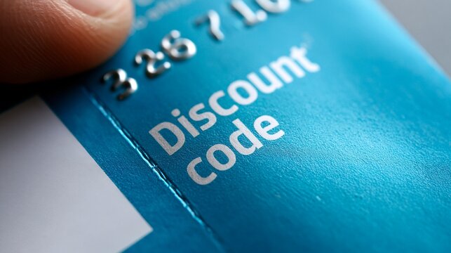 Ein Finger h&auml;lt eine blaue Karte mit gepr&auml;gtem Schriftzug &bdquo;Discount code" und sichtbaren Ziffern in Gro&szlig;aufnahme.