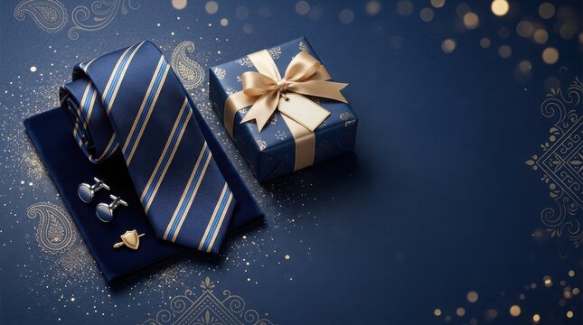 Professional silk necktie with silver cufflinks and luxury gift box on navy background with golden ornaments.
