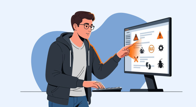 Programmer debugging code on computer, identifying software bugs and errors
