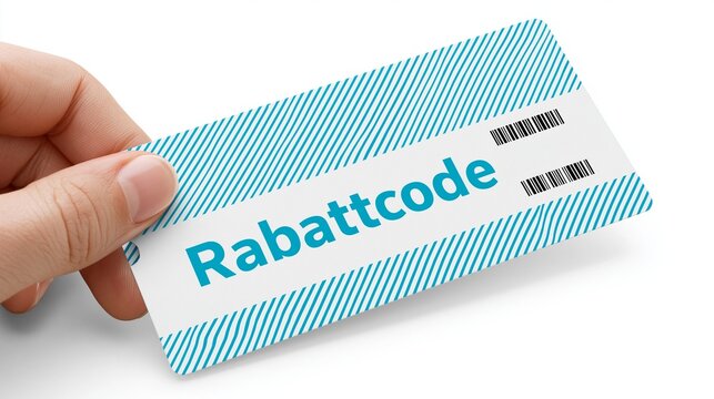Eine Hand h&auml;lt ein wei&szlig;es Ticket mit dem t&uuml;rkisfarbenen Aufdruck &bdquo;Rabattcode" und einem Barcode.