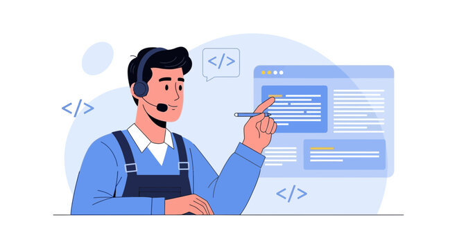 Programmer with headset and code editor screen, IT support and software development