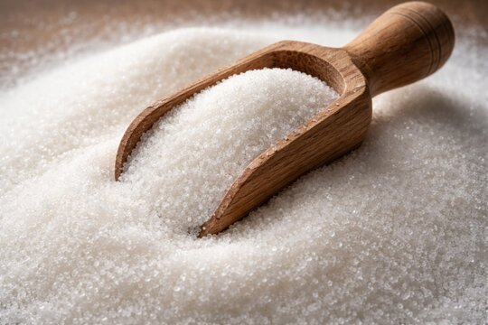 Close perspective of a wooden scoop filled with dextrose sugar atop a sugar heap