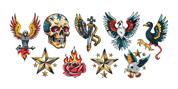 Old school traditional tattoo flash design collection, vector