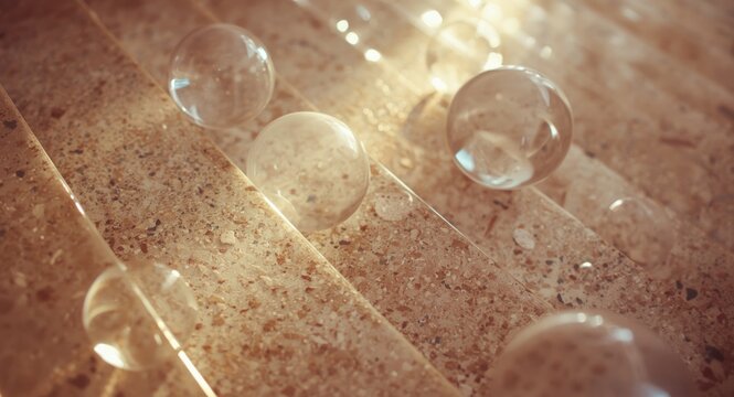 Abstract composition of floating spheres with smooth curves on textured terrazzo stairs under subtle lighting