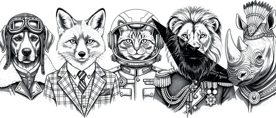 Animal Characters in Military, Pilot, and Astronaut Uniforms Vector Set Featuring Dog, Fox, Cat, Lion, and Rhino for Fantasy, Illustration, and Unique Character Design Graphics © MDShakhawat