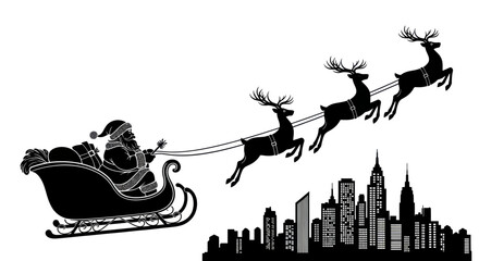 Santa Claus flying in sleigh with reindeer over city skyline silhouette © Zahem