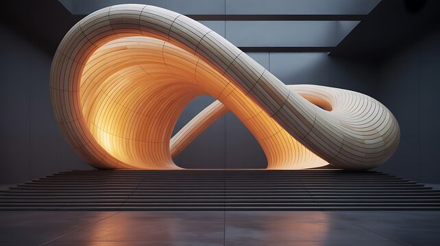 Stunning architectural visualization of a wooden infinity loop with warm interior lighting and dramatic shadows
