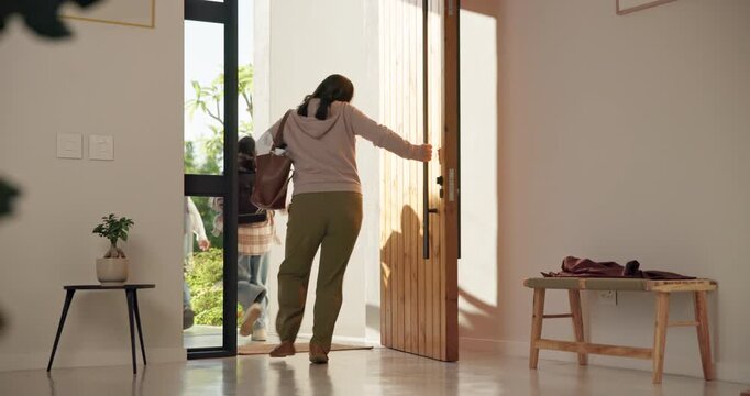Phone call, woman and late with children in home for meeting, back to school and rush to leave. Documents, mobile chat and employee hurry with kids at front door for appointment, class and timelapse
