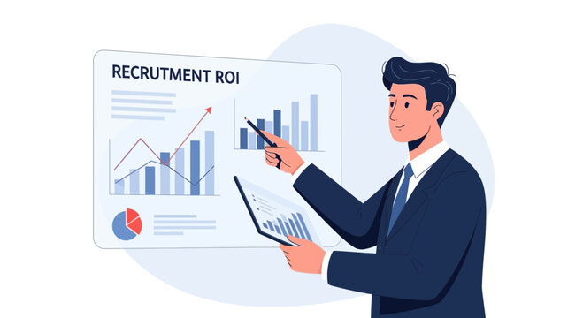 Man presenting recruitment ROI chart and graph on screen