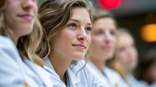 Eine junge Frau in wei&szlig;em Kittel schaut nachdenklich zur Seite, im Hintergrund weitere Personen.